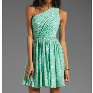 Shoshanna Rayna one shoulder fit and flare dress aqua/gold 6